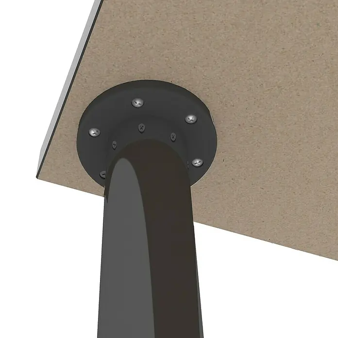 Pata para muebles - Ø x Al: 4 x 10 cm, Aluminio, Negro, 1 ud. - Vista detallada de una mesa con un accesorio de pata redonda y negra fijado con tornillos a un tablero marrón claro.