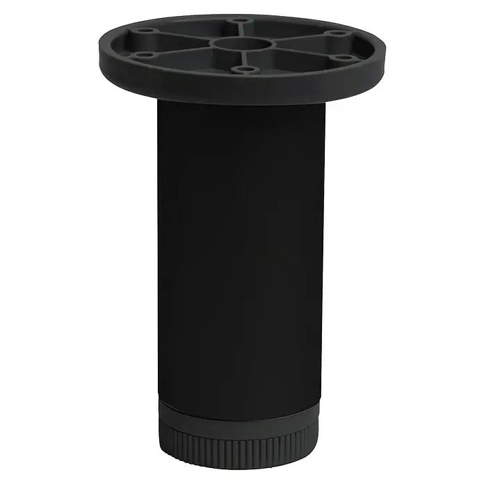 Pata para muebles - Ø x Al: 4 x 10 cm, Aluminio, Negro, 1 ud. - Pata de mueble cilíndrica negra con placa de montaje y pie ajustable. Proporciona estabilidad y ajuste de altura para varios muebles.