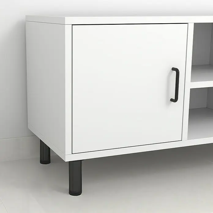 Pata para muebles - Ø x Al: 4 x 12 cm, Aluminio, Negro, 1 ud. - Primer plano de un armario blanco con tirador y patas negras. Solución de almacenamiento práctica y elegante para cualquier habitación.