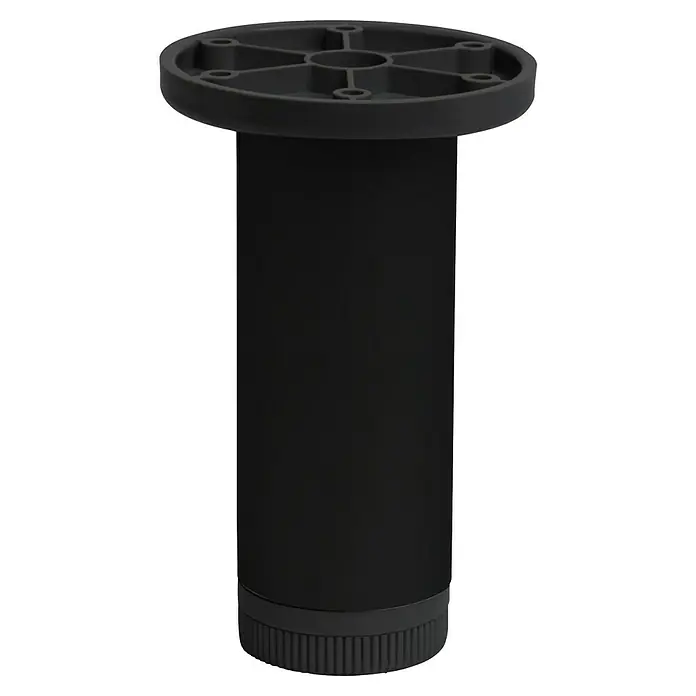 Pata para muebles - Ø x Al: 4 x 12 cm, Aluminio, Negro, 1 ud. - Primer plano de una pata de mueble negra, con una brida de montaje redonda y una base ajustable para mayor estabilidad.