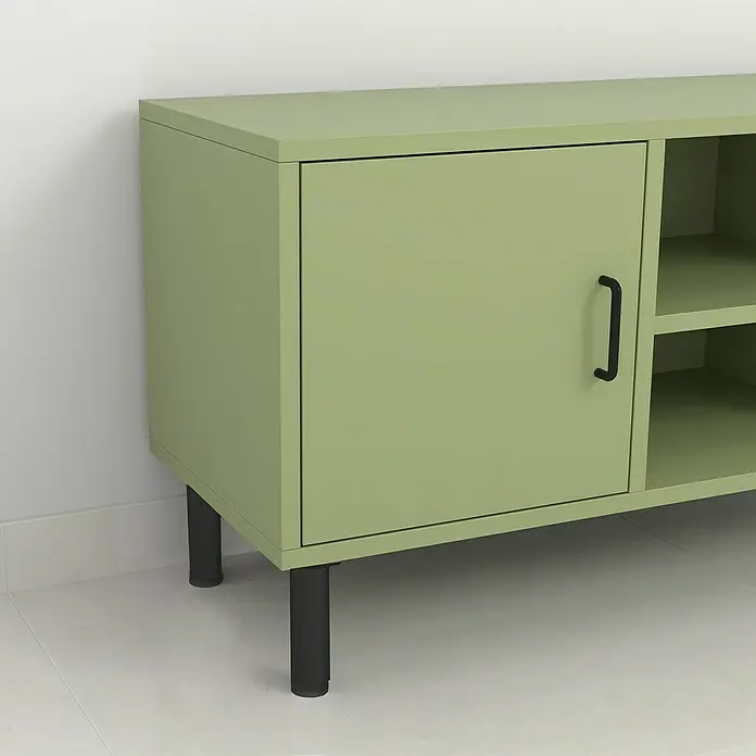 Pata para muebles - Ø x Al: 4 x 15 cm, Aluminio, Negro, 1 ud. - Un aparador verde con una puerta y estanterías abiertas, sobre patas negras, que ofrece espacio de almacenamiento.