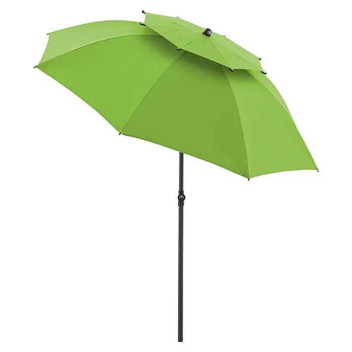 Doppler Strandschirm Windprofi Neo - Apfelgrün, Durchmesser Bespannung: 200 cm - Ein grüner Sonnenschirm mit einem doppelten Dach, der Schatten spendet und vor Sonne schützt. Das Gestell ist dunkel und robust.