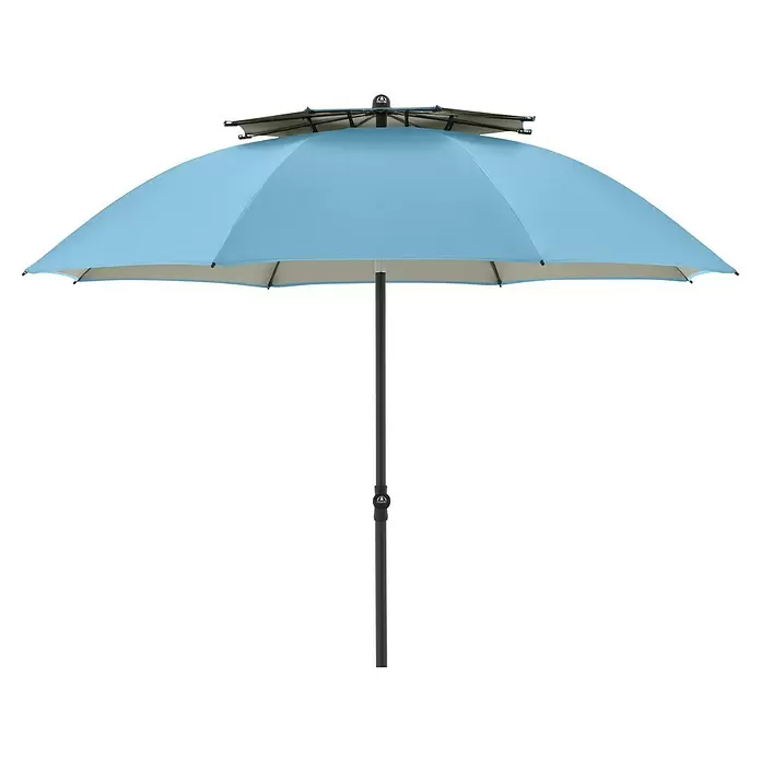 Doppler Strandschirm Windprofi Neo - Hellblau, Durchmesser Bespannung: 200 cm - Hellblauer Sonnenschirm mit beiger Unterseite und dunkelgrauem Mast, geöffnet zum Spenden von Schatten.