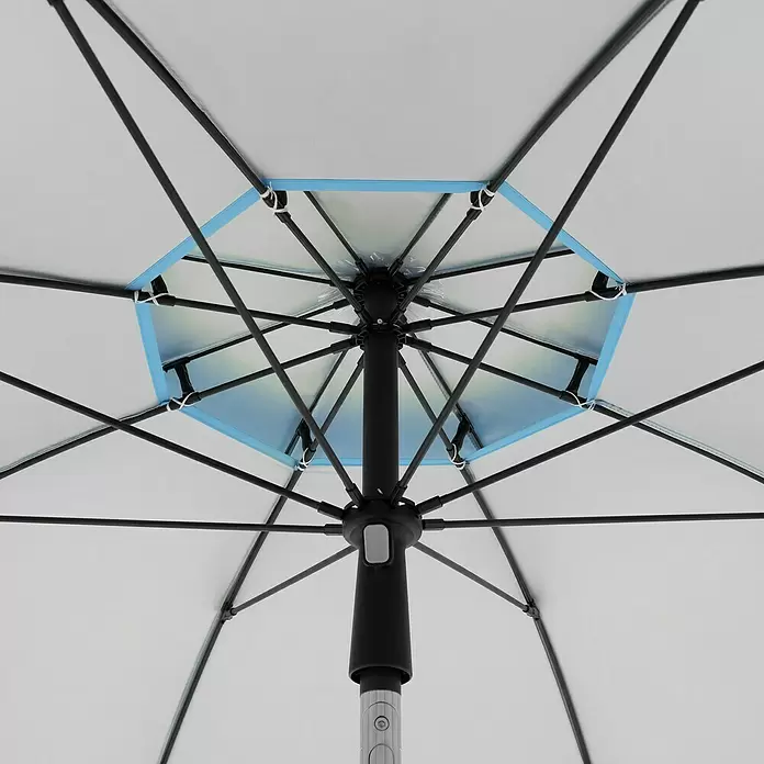 Doppler Strandschirm Windprofi Neo - Hellblau, Durchmesser Bespannung: 200 cm - Unterseite eines geöffneten Regenschirms mit weißem Stoff, schwarzen Rippen und Mittelstange. Blauer Saum am Windkanal für Stabilität.