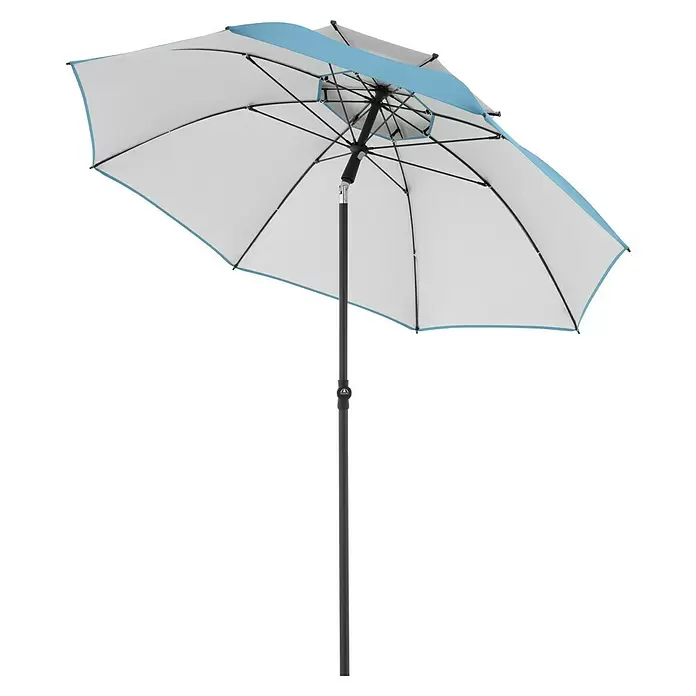 Doppler Strandschirm Windprofi Neo - Hellblau, Durchmesser Bespannung: 200 cm - Weißer Sonnenschirm mit blauer Umrandung und dunkelgrauem Mast, zum Schutz vor Sonne geöffnet.