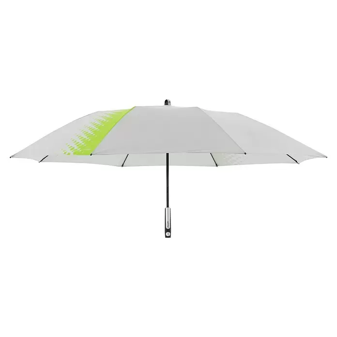 Doppler Expert Strandschirm Manual Muli - Hellgrau/Grün, Durchmesser Bespannung: 160 cm - Weißer Regenschirm mit limonengrünem Punktmuster, schwarzem Stock und silbernem Griffdetail. Offen, einsatzbereit.