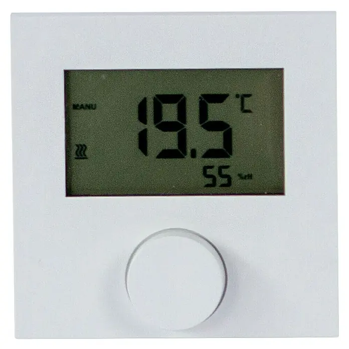 Solarfloor Temperaturreglereinheit - 68 x 68 x 31,5 mm, Geeignet für Klemmleiste von Solarfloor - Nahaufnahme einer elektronischen Heizungssteuerung mit digitaler Anzeige und Drehknopf zur Temperatureinstellung.
