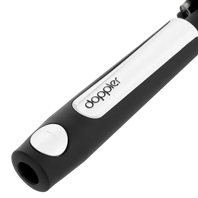 Doppler Expert Strandschirm Manual Muli - Hellgrau/Grün, Durchmesser Bespannung: 160 cm - Schwarz-silberner Griff mit "doppler" Logo und weißem Knopf.