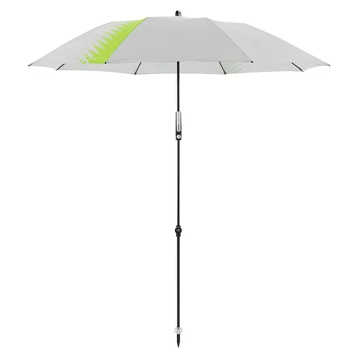 Doppler Expert Strandschirm Manual Muli - Hellgrau/Grün, Durchmesser Bespannung: 160 cm - Offener weißer Sonnenschirm mit limettengrünem Muster, schwarzem Stock und silbernen Mechanismen, spitzer Schaft.