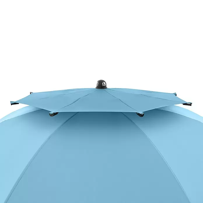Doppler Strandschirm Windprofi Neo - Hellblau, Durchmesser Bespannung: 200 cm - Nahaufnahme eines hellblauen Doppelkuppel-Schirmdachs mit schwarzem Marken-Knauf.