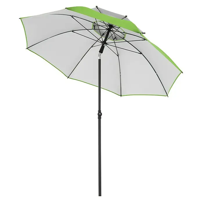 Doppler Strandschirm Windprofi Neo - Apfelgrün, Durchmesser Bespannung: 200 cm - Ein stilvoller, weißer Sonnenschirm mit grünem Rand und einem robusten, schwarzen Ständer für sonnige Tage im Freien.