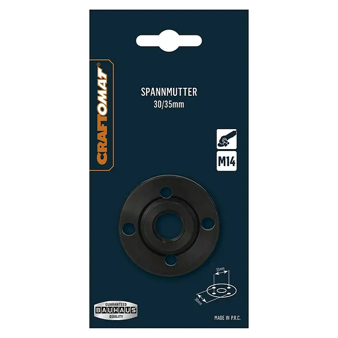 Craftomat Spannmutter - M14 Gewinde - Produktverpackung Craftomat Spannmutter 30/35mm, inklusive Detailzeichnung und Bauhaus Qualitätsgarantie.