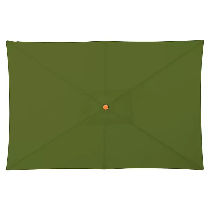Doppler Marktschirm myZone Push Up - Kiwi, Durchmesser Bespannung: 300 cm - Rechteckiges, olivgrünes Sonnenschirmdach von oben mit orangefarbenem Mittelknopf.