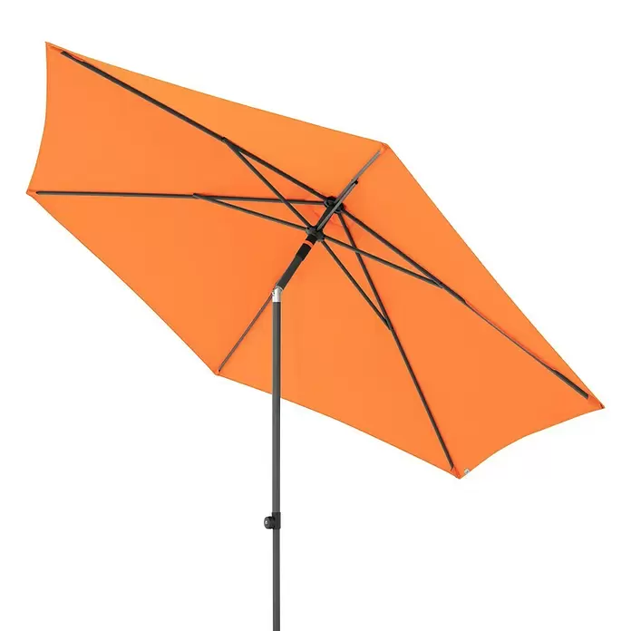 Doppler Marktschirm myZone Push Up - Orange, Durchmesser Bespannung: 300 cm - Oranger Terrassenschirm mit dunkelgrauem Metallrahmen und Stange, schräg gestellt.