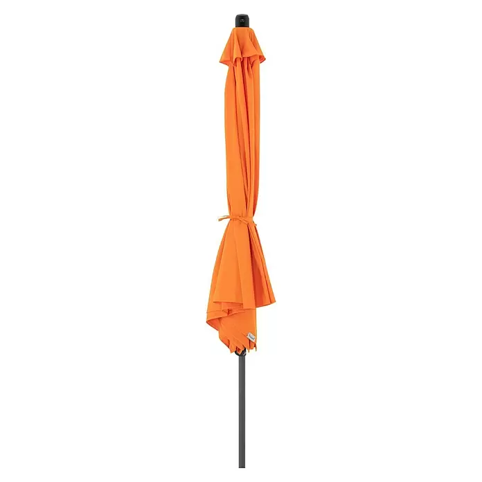 Doppler Marktschirm myZone Push Up - Orange, Durchmesser Bespannung: 300 cm - Zusammengeklappter orangefarbener Sonnenschirm mit dunkelgrauem Mast, mit passendem Band gesichert.