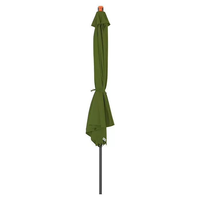 Doppler Marktschirm myZone Push Up - Kiwi, Durchmesser Bespannung: 300 cm - Olivgrüner Doppler-Schirm, geschlossen und gebunden, mit orangefarbenem Oberteil und grauem Mast.