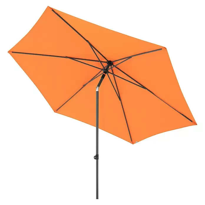 Doppler Marktschirm myZone Push Up - Orange, Durchmesser Bespannung: 300 cm - Oranger rechteckiger Sonnenschirm mit dunkelgrauem Mast und Streben, vollständig geöffnet.