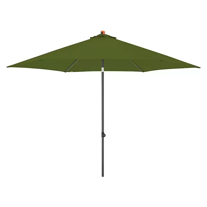 Doppler Marktschirm myZone Push Up - Kiwi, Durchmesser Bespannung: 300 cm - Olivgrüner Outdoor-Sonnenschirm mit grauem Mast und orangefarbenem Oberteil.