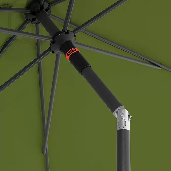 Doppler Marktschirm myZone Push Up - Kiwi, Durchmesser Bespannung: 300 cm - Unteransicht eines grünen Regenschirms mit schwarzem Gestell, Mittelstange, orangefarbenem 'doppler'-Logo und silbernem Gelenk.