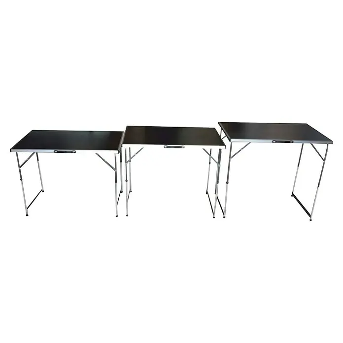 Tapeziertisch Multifunktionstisch - 300 x 60 x 73 cm, MDF laminiert - Drei quadratische Klapptische unterschiedlicher Größe aus silberfarbenem Metall mit schwarzen Oberflächen. Praktische Möbel für den flexiblen Einsatz.