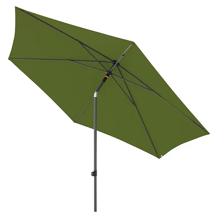 Doppler Marktschirm myZone Push Up - Kiwi, Durchmesser Bespannung: 300 cm - Rechteckiger grüner Terrassenschirm mit grauem Metallmast und Stützstreben.