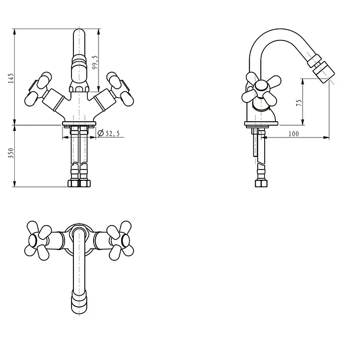 Rousseau Glamour Grifo bimando de bidé - Latón - Dibujo técnico de un grifo de cocina clásico con mandos en cruz y caño de cuello de cisne, con medidas.