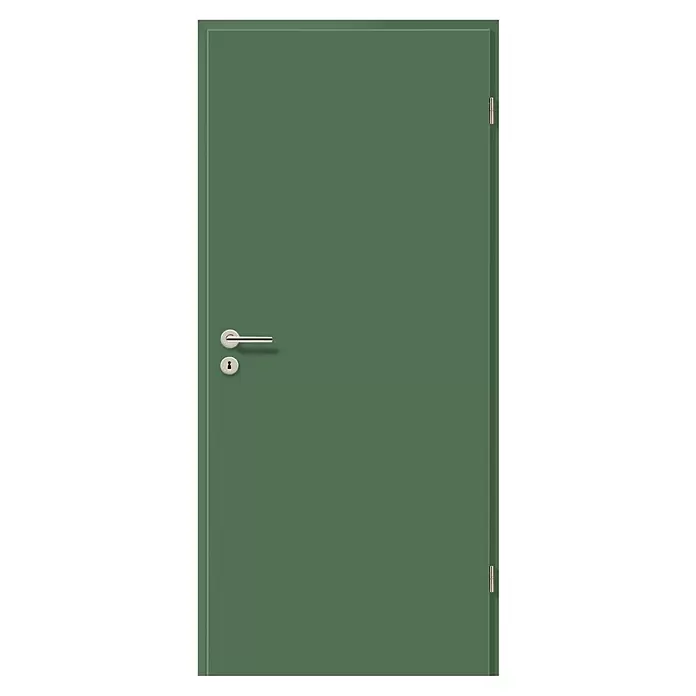 GetaDoor Getalit Zimmertür FM8237 - 860 x 1.985 mm, DIN Anschlag: Rechts, Edeltanne, Röhrenspan - Grüne Tür mit silbernem Griff und Schlüsselloch. Scharniere sind rechts sichtbar.