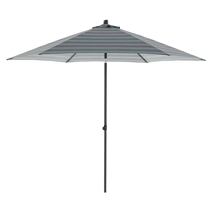 Doppler Marktschirm myZone Push Up - Blockstreifen Anthrazit, Durchmesser Bespannung: 300 cm - Offener grau-weiß gestreifter Sonnenschirm mit dunklem Mittelpfosten.