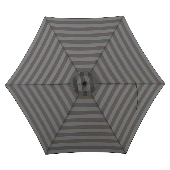 Doppler Marktschirm myZone Push Up - Blockstreifen Anthrazit, Durchmesser Bespannung: 300 cm - Sechseckiger Terrassenschirm mit hellgrauen und braunen Streifen, von oben gesehen.