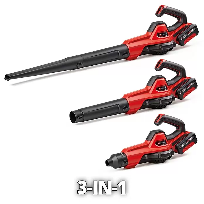 Einhell PXC 18V Akku-Laubbläser GE-UB 18/250 Li E - Akkuspannung: 18 V, 1 Akku, Kapazität: 4 Ah - Rot-schwarzer Einhell Akku-Laubbläser/Sauger in drei verschiedenen Konfigurationen mit variablen Düsenlängen, der seine 3-in-1-Funktion hervorhebt.