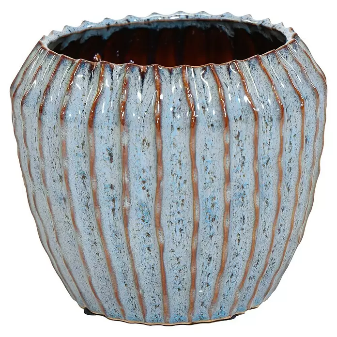 Mega Collections Pflanztopf - Außenmaß (Ø x H): 16,5 x 14 cm, Eisblau, Keramik - Keramik-Pflanzgefäß mit hellblauer und weißer strukturierter Glasur, rotbraunen vertikalen Streifen und glänzender brauner Innenseite.