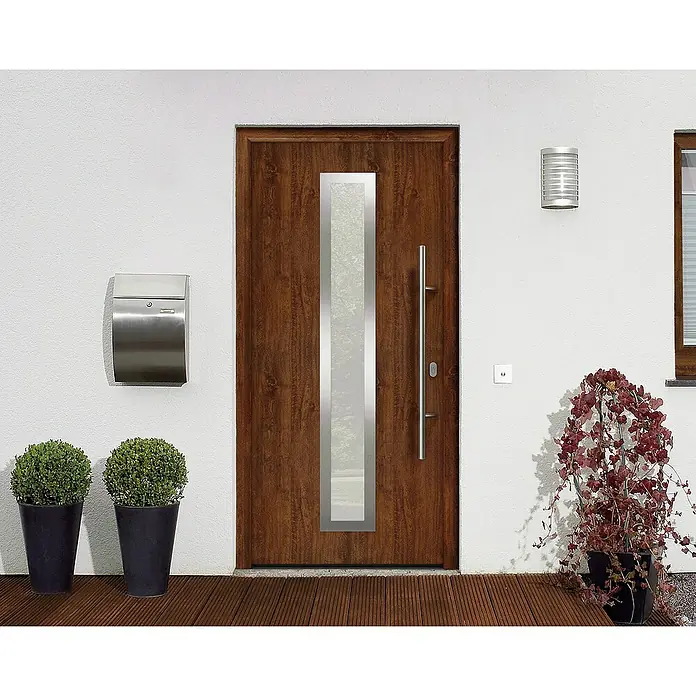 Hörmann EcoStar Haustür ISOPRO IP 700S - 110 x 210 cm, DIN Anschlag: Rechts, Dark Oak - Eine moderne Haustür aus Holz mit einem vertikalen Glaseinsatz, elegantem Griff und einer robusten Bauweise.