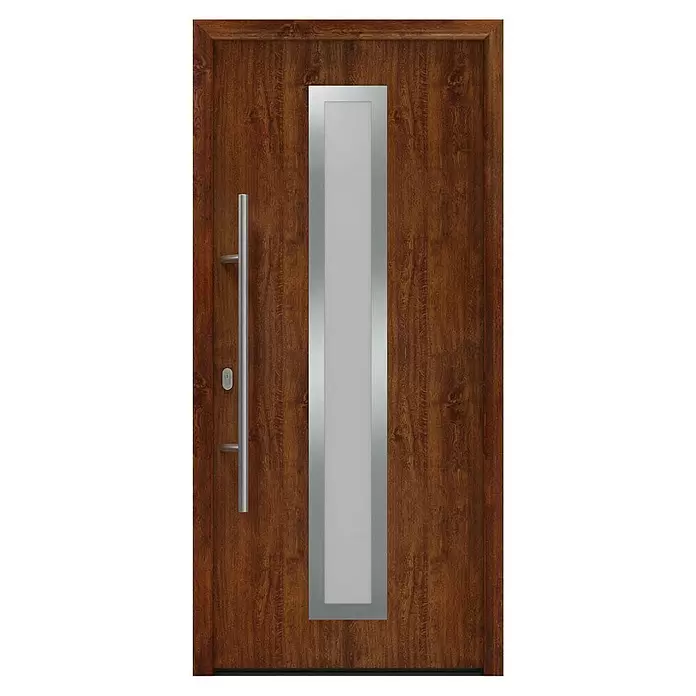 Hörmann EcoStar Haustür ISOPRO IP 700S - 110 x 210 cm, DIN Anschlag: Links, Dark Oak - Moderne braune Holztür mit vertikaler Milchglasscheibe und langem silbernen Metallgriff.