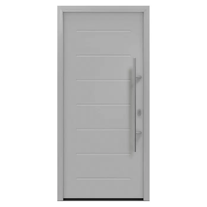 Hörmann EcoStar Haustür ISOPRO IP 015 - 110 x 210 cm, DIN Anschlag: Rechts, Weißaluminium - Hellgraue moderne Tür mit horizontalen Rillen und langem Edelstahl-Stangengriff.