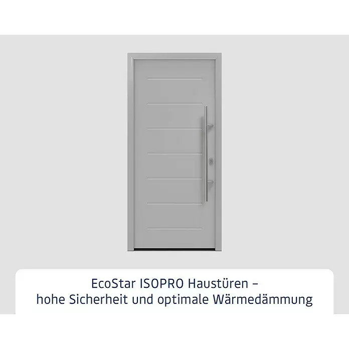 Hörmann EcoStar Haustür ISOPRO IP 015 - 110 x 210 cm, DIN Anschlag: Rechts, Weißaluminium - Moderne graue Haustür mit horizontalen Rillen und langem vertikalen Edelstahl-Stangengriff.