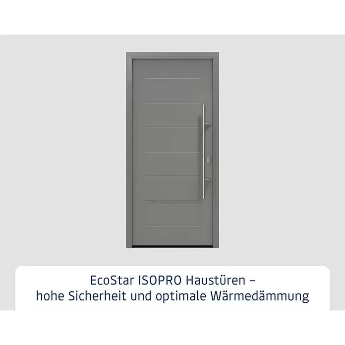 Hörmann EcoStar Haustür ISOPRO IP 015 - 110 x 210 cm, DIN Anschlag: Rechts, Graualuminium - Graue EcoStar ISOPRO Haustür mit horizontalen Rillen und langem Griff.