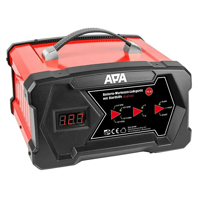 APA Cargador para el taller - Corriente de carga: 2 A - 12 A - Imagen de un cargador de batería APA con arranque digital en rojo y negro.