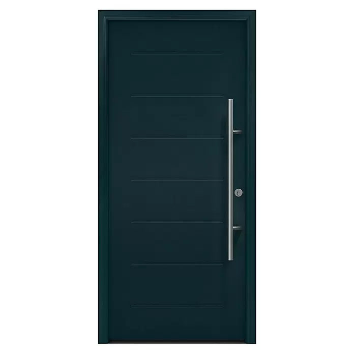 Hörmann EcoStar Haustür ISOPRO Secur IPS 015 - 110 x 210 cm, DIN Anschlag: Rechts, Anthrazitgrau - Moderne dunkelblaue Eingangstür mit horizontalen Rillen, langem silbernem Griff und Schlüsselloch.