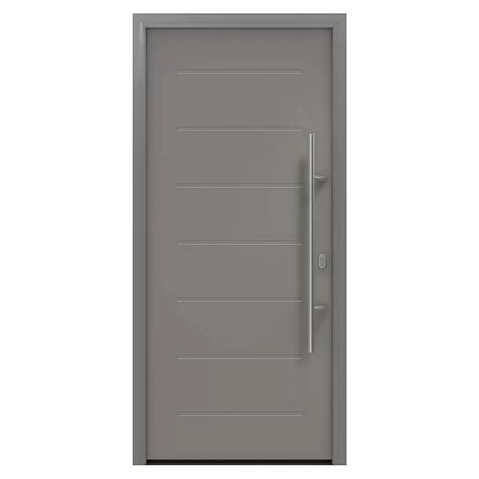 Hörmann EcoStar Haustür ISOPRO IP 015 - 110 x 210 cm, DIN Anschlag: Rechts, Graualuminium - Moderne graue Tür mit horizontalen Rillen und langem, vertikalem silbernem Stangengriff.