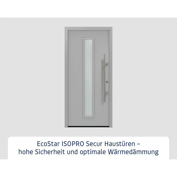 Hörmann EcoStar Haustür ISOPRO Secur IPS 020S - 110 x 210 cm, DIN Anschlag: Rechts, Weißaluminium - Graue EcoStar ISOPRO Secur Haustür mit Glasfenster und Edelstahlgriff für hohe Sicherheit und optimale Wärmedämmung.