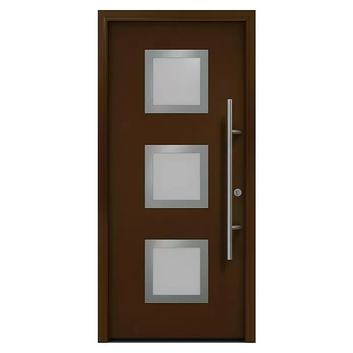 Hörmann EcoStar Haustür ISOPRO Secur IPS 810S - 110 x 210 cm, DIN Anschlag: Rechts, Terrabraun - Braune moderne Tür mit drei quadratischen Milchglasfenstern und langem silbernem Stangengriff.