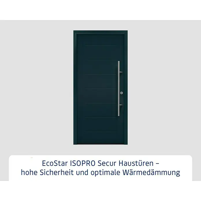 Hörmann EcoStar Haustür ISOPRO Secur IPS 015 - 110 x 210 cm, DIN Anschlag: Rechts, Anthrazitgrau - Eine moderne, dunkelblaue Haustür mit einem eleganten, senkrechten Edelstahlgriff, die Sicherheit und Wärmeisolierung verspricht.
