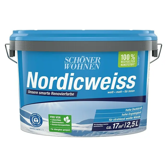 SCHÖNER WOHNEN-Farbe Wandfarbe Nordicweiß - Weiß, Matt, 2,5 l, Konservierungsmittelfrei - Eimer Nordicweiss Farbe von Schöner Wohnen, eine smarte Renovierfarbe, ideal für Allergiker, mit hoher Deckkraft und Ergiebigkeit.