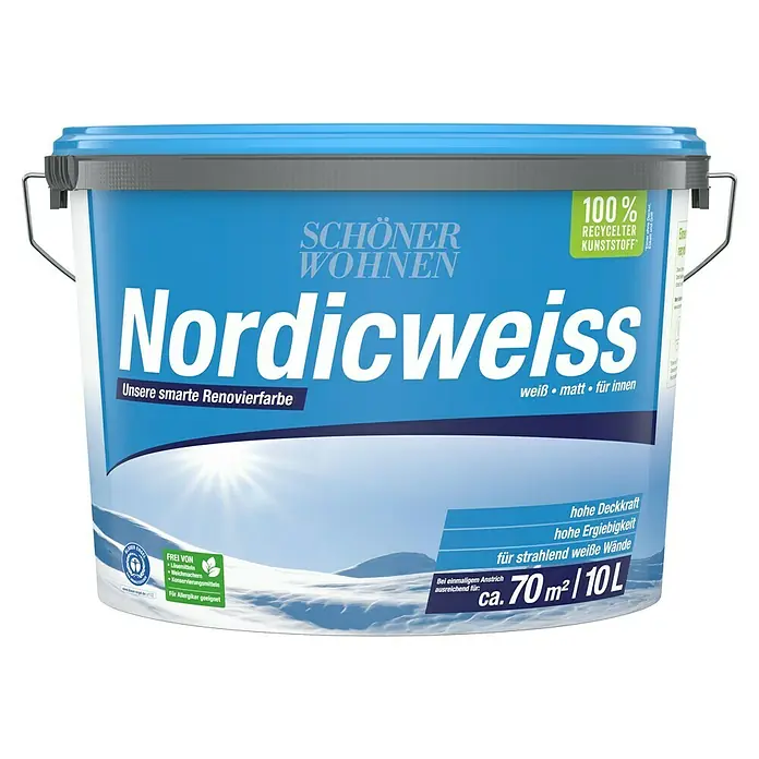 SCHÖNER WOHNEN-Farbe Wandfarbe Nordicweiß - Weiß, Matt, 10 l, Konservierungsmittelfrei - Nordicweiss Innenfarbe von SCHÖNER WOHNEN, 10L Eimer. Die Farbe ist weiß, matt und für Allergiker geeignet und besteht aus 100% recyceltem Kunststoff.