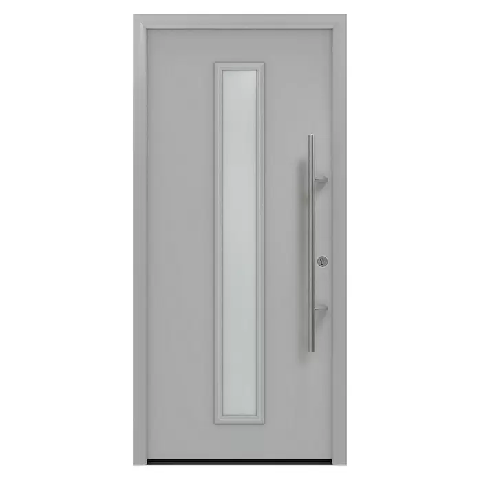 Hörmann EcoStar Haustür ISOPRO Secur IPS 020S - 110 x 210 cm, DIN Anschlag: Rechts, Weißaluminium - Moderne graue Eingangstür mit langem Milchglaseinsatz und Edelstahl-Stangengriff.