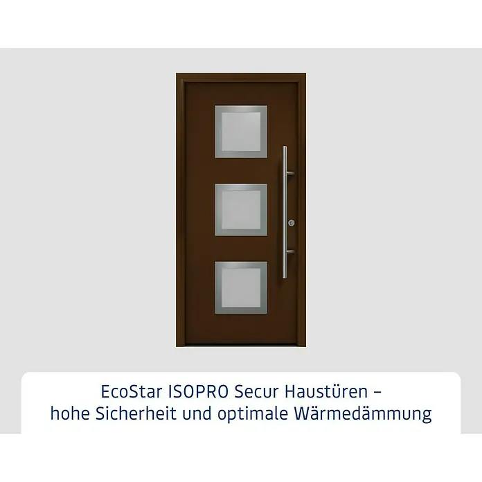 Hörmann EcoStar Haustür ISOPRO Secur IPS 810S - 110 x 210 cm, DIN Anschlag: Rechts, Terrabraun - Braune Haustür mit drei quadratischen Fenstern und einem langen, silbernen Griff.
