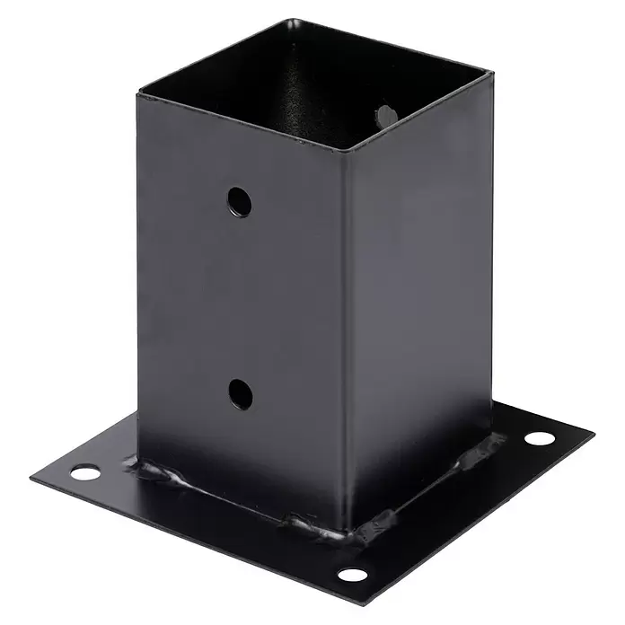 Stabilit Aufschraubhülse - L x B x H: 91 x 91 x 150 mm, Stahl, Pulverbeschichtet - Schwarzer Metallpfostenträger mit quadratischer Aufnahme und Befestigungslöchern.