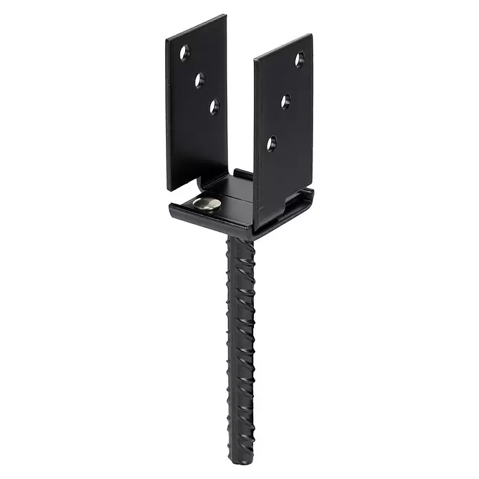 Stabilit U-Pfostenträger Typ 370 - L x B x H: 200 x 71 x 110 mm, Stahl, Beschichtet - Schwarzer Metall-Pfostenträger mit Ankerstange zur Bodenverankerung.