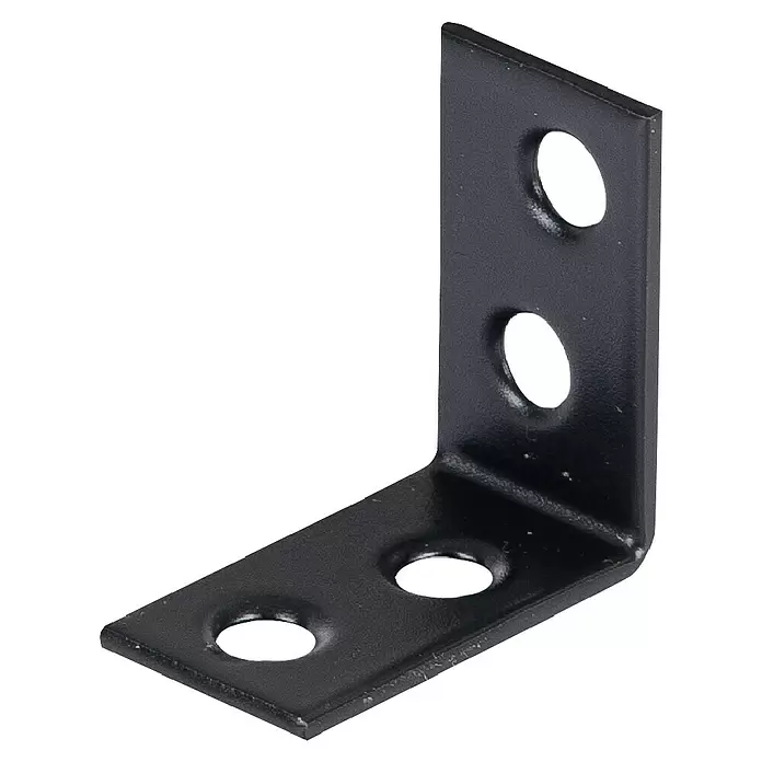 Stabilit Stuhlwinkel - L x B x H: 25 x 14 x 25 mm, Stahl, Beschichtet - Schwarze L-förmige Eckhalterung aus Metall mit drei Befestigungslöchern.
