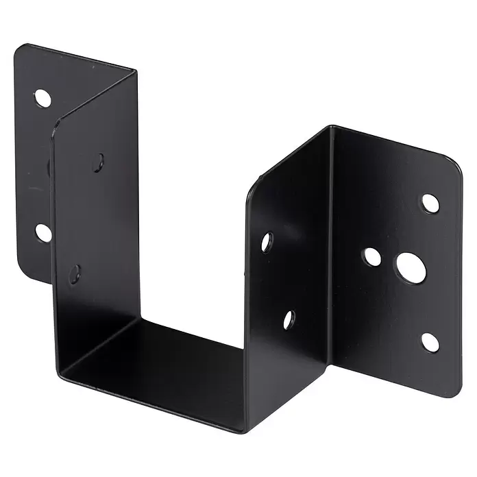 Stabilit Balkenschuh - B x H: 46 x 66 mm, Stahl, Verzinkt - Schwarze U-förmige Metallhalterung mit vorgebohrten Löchern zur Befestigung.